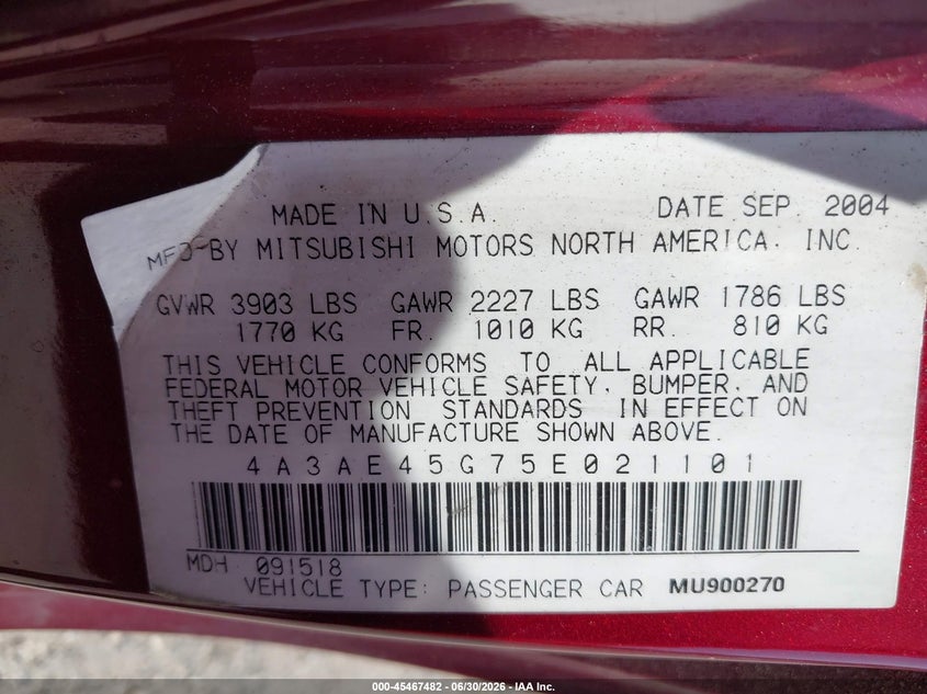 2005 Mitsubishi Eclipse Spyder Gs VIN: 4A3AE45G75E021101 Lot: 45467482