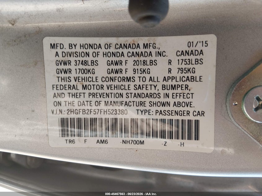 2015 HONDA CIVIC SEDAN 1.8L I-4 VVT, 143HP