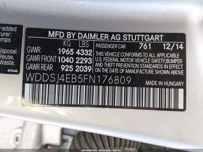 2015 Mercedes-Benz Cla 250 VIN: WDDSJ4EB5FN176809 Lot: 45467624