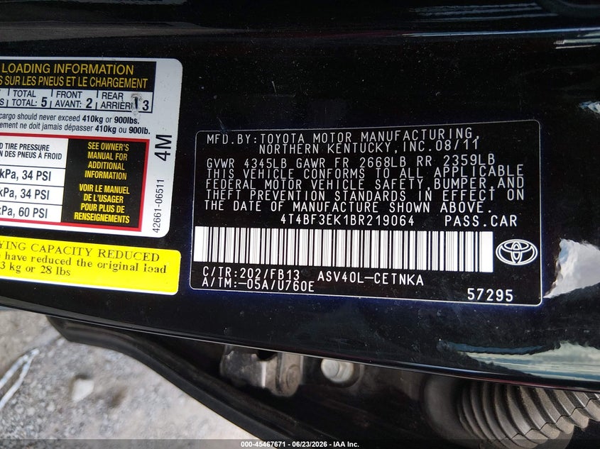 2011 TOYOTA CAMRY SEDAN 2.5L I-4 DOHC, VVT, 169HP