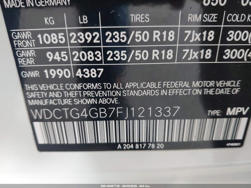 2015 Mercedes-Benz Gla 250 4Matic VIN: WDCTG4GB7FJ121337 Lot: 45467738