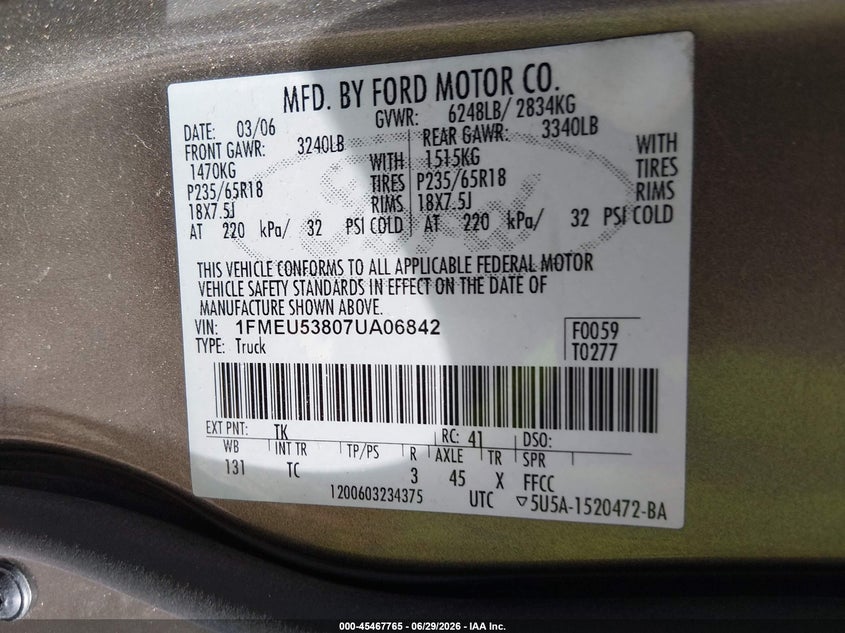 2007 Ford Explorer Sport Trac Limited VIN: 1FMEU53807UA06842 Lot: 45467765