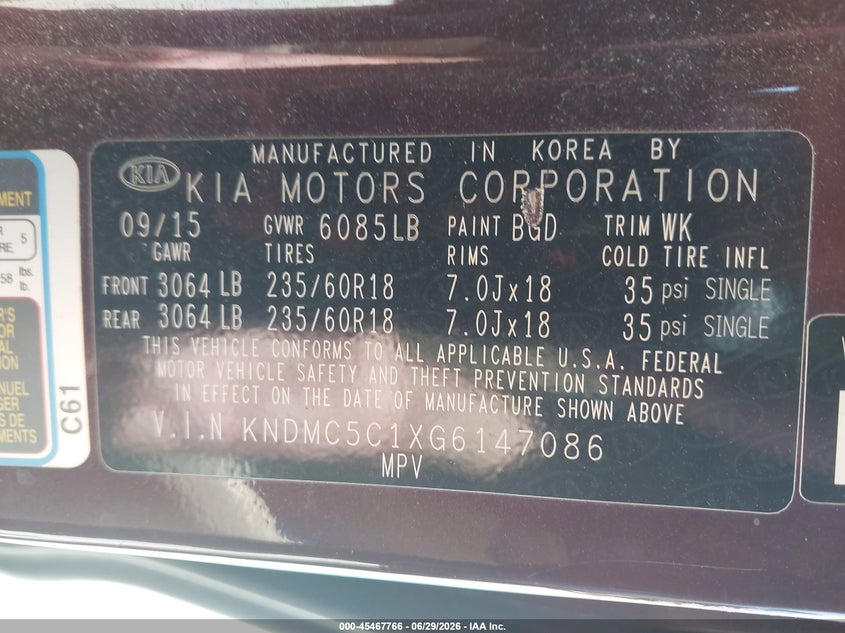 2016 Kia Sedona Sx VIN: KNDMC5C1XG6147086 Lot: 45467766