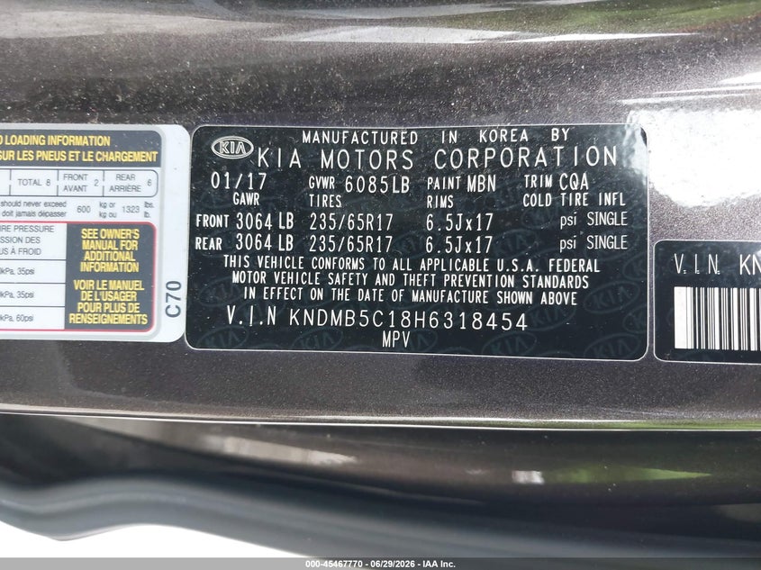 2017 Kia Sedona Lx VIN: KNDMB5C18H6318454 Lot: 45467770