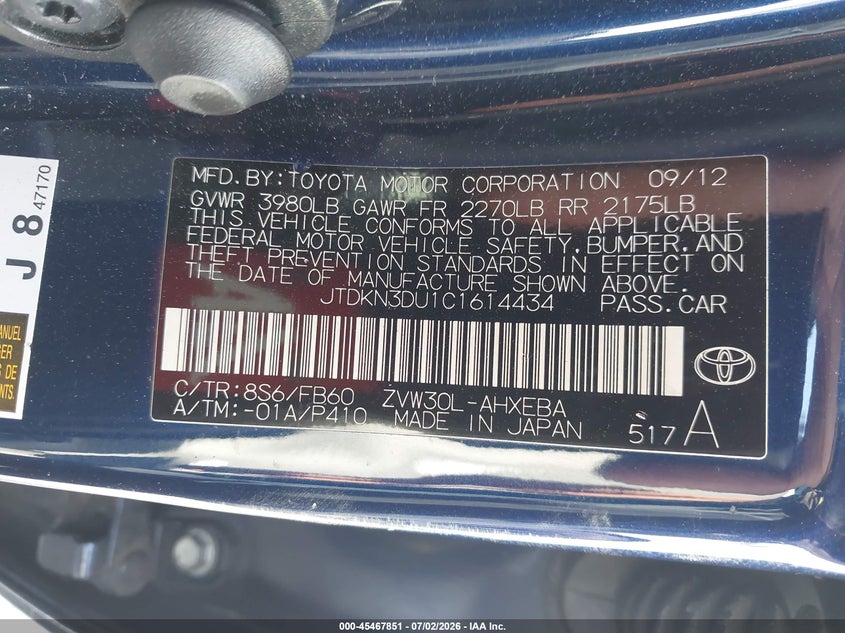 2012 TOYOTA PRIUS HATCHBACK 1.8L I-4 DOHC, VVT, 98HP