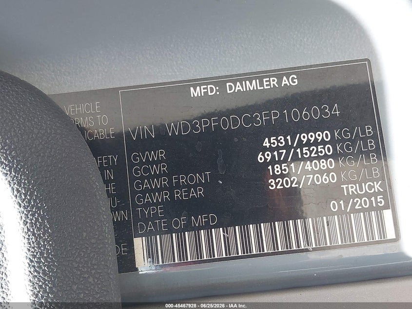 2015 MERCEDES-BENZ SPRINTER 3500 auction photo 8