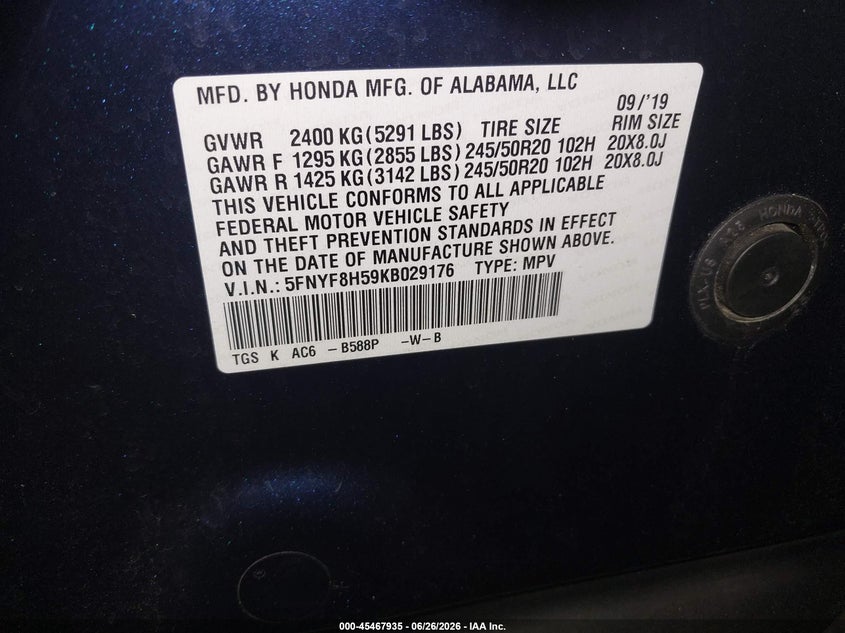 2019 Honda Passport Ex-L VIN: 5FNYF8H59KB029176 Lot: 45467935