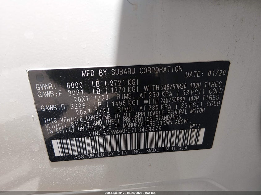 2020 Subaru Ascent Limited VIN: 4S4WMAPD7L3449476 Lot: 45468012