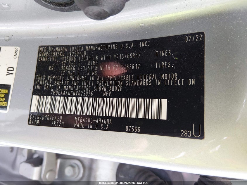 2022 Toyota Corolla Cross Le VIN: 7MUCAAAG6NV023076 Lot: 45468052