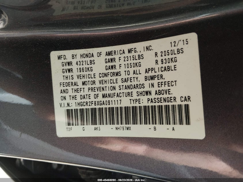 2016 HONDA ACCORD EX-L — Photo 9