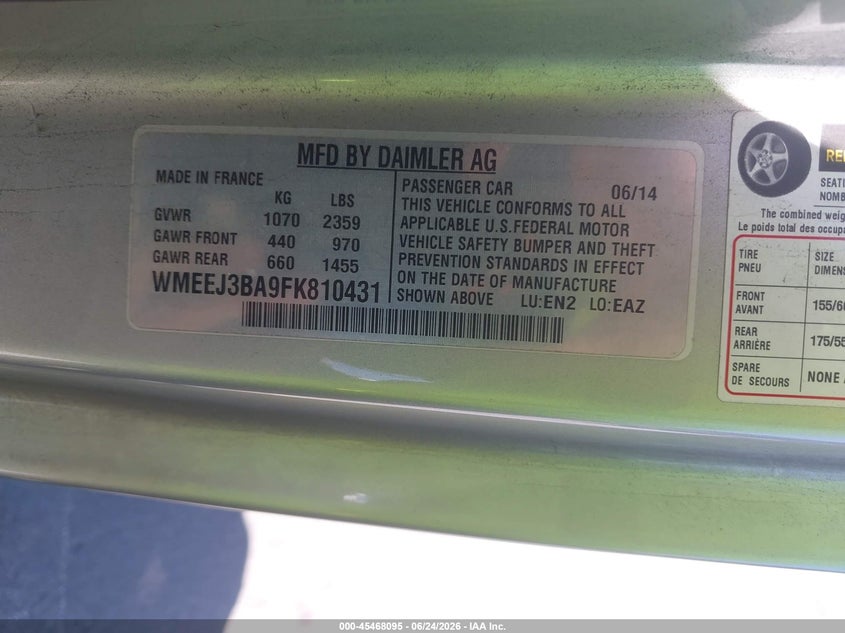 2015 Smart Fortwo Pure VIN: WMEEJ3BA9FK810431 Lot: 45468095