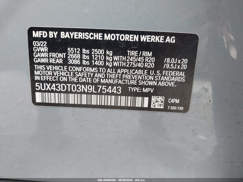 2022 BMW X4 M40I VIN: 5UX43DT03N9L75443 Lot: 45468300