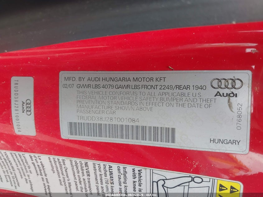 2008 Audi Tt 3.2 VIN: TRUDD38J281001084 Lot: 45468350