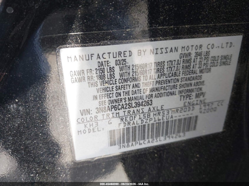 2025 NISSAN KICKS(VIN: 3N8AP6CA2SL394263