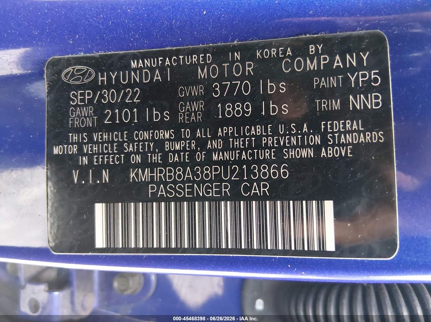 2023 Hyundai Venue Se VIN: KMHRB8A38PU213866 Lot: 45468398