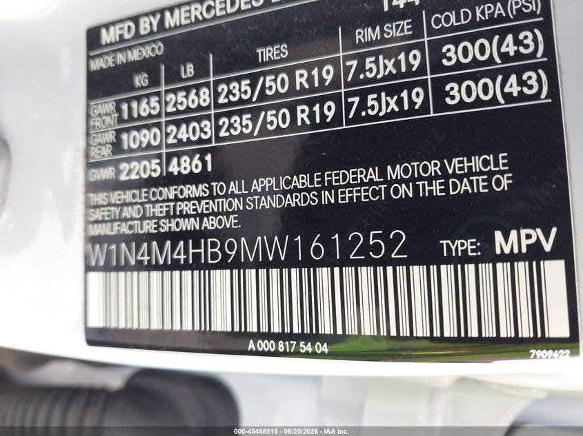 2021 Mercedes-Benz Glb 250 4Matic VIN: W1N4M4HB9MW161252 Lot: 45468515