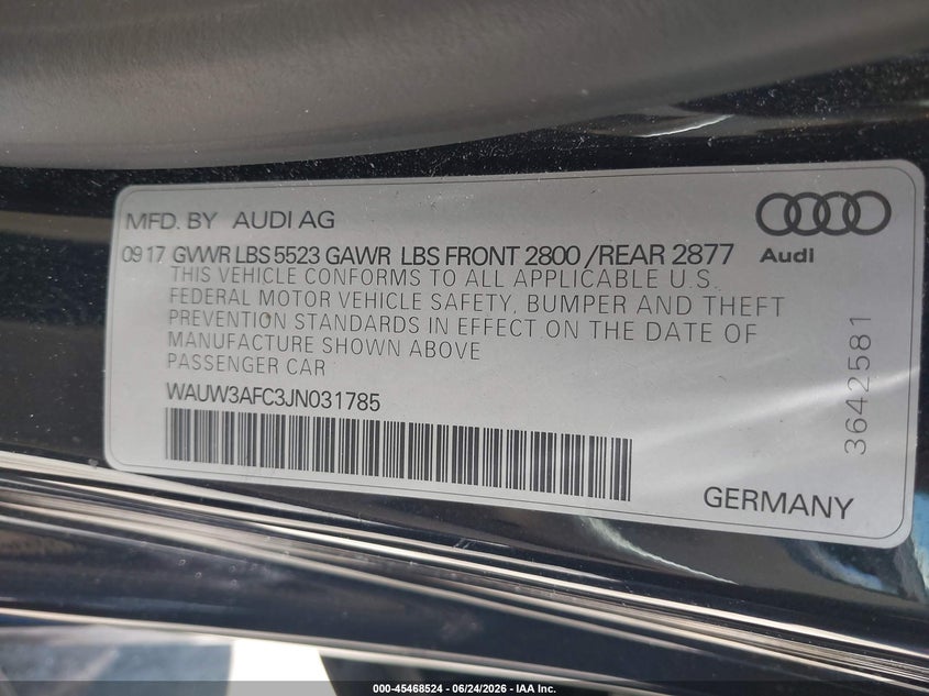 2018 Audi A7 3.0T Premium Plus VIN: WAUW3AFC3JN031785 Lot: 45468524