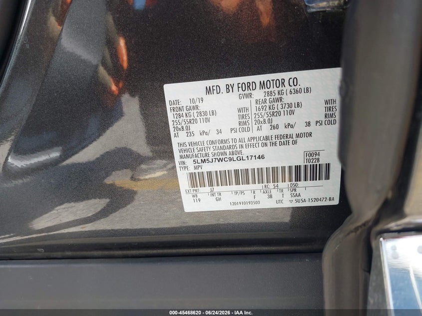 2020 Lincoln Aviator Reserve VIN: 5LM5J7WC9LGL17146 Lot: 45468620