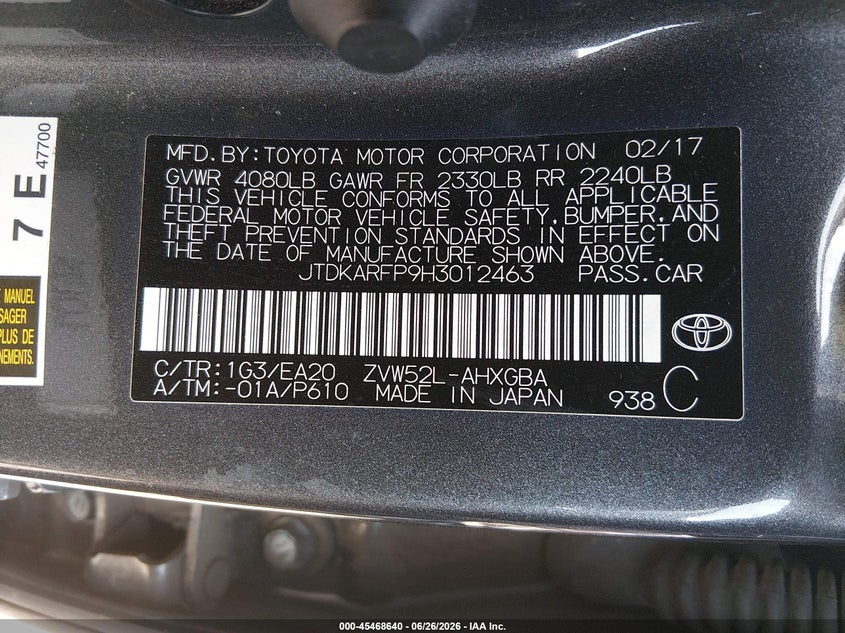 TOYOTA PRIUS PRIME 2017 VIN JTDKARFP9H3012463