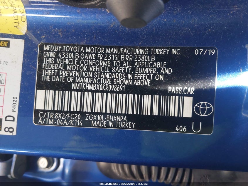2019 Toyota C-Hr Le VIN: NMTKHMBX0KR098691 Lot: 45468652