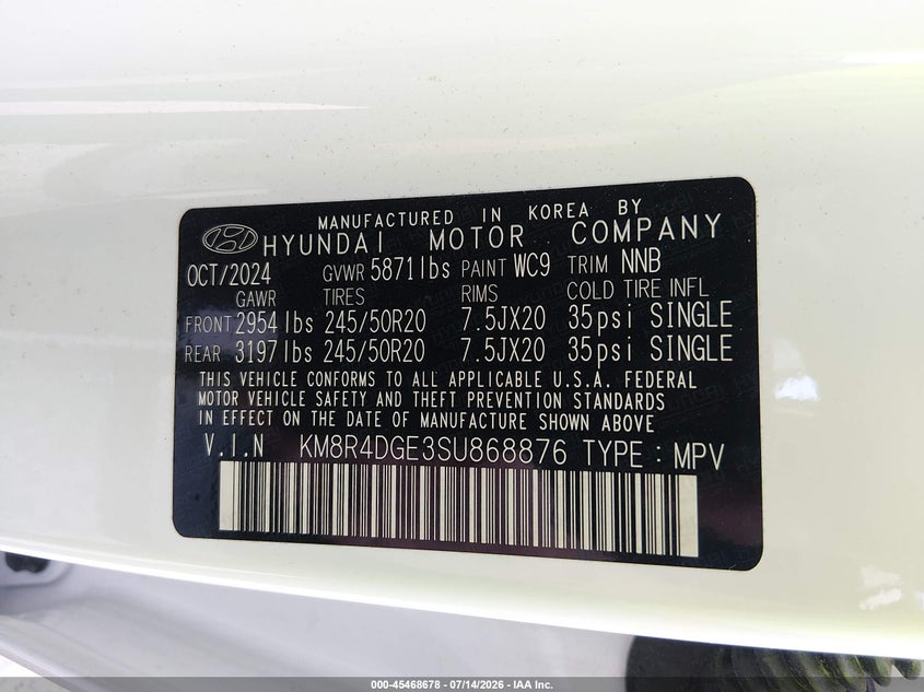 2025 Hyundai Palisade Sel Premium 8P VIN: KM8R4DGE3SU868876 Lot: 45468678