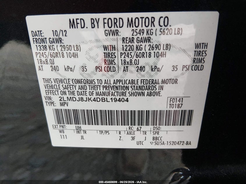 2013 Lincoln Mkx VIN: 2LMDJ8JK4DBL19404 Lot: 45468699
