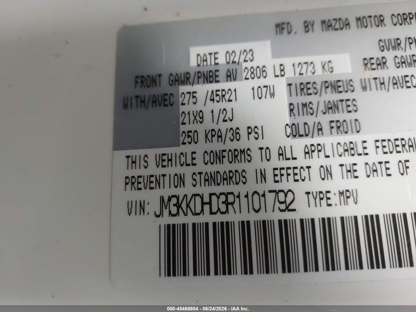 2024 Mazda Cx-90 3.3 Turbo Premium VIN: JM3KKDHD3R1101792 Lot: 45468804