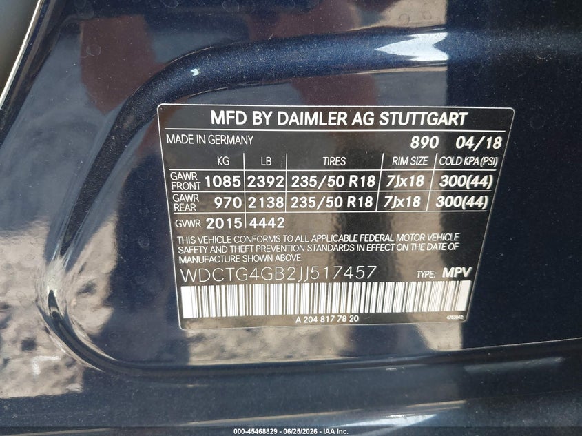 2018 Mercedes-Benz Gla 250 4Matic VIN: WDCTG4GB2JJ517457 Lot: 45468829