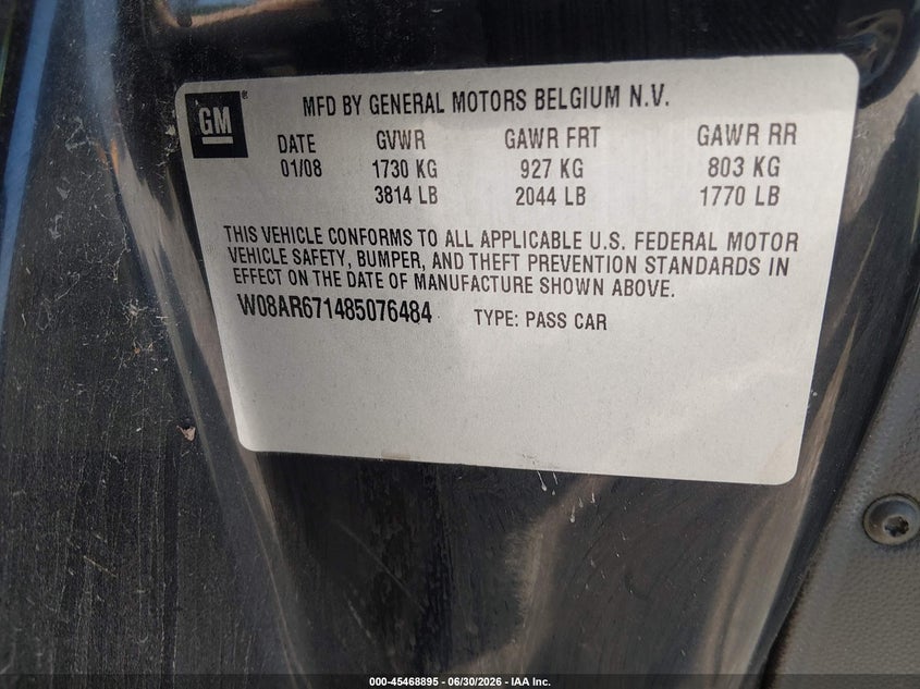 2008 Saturn Astra Xe VIN: W08AR671485076484 Lot: 45468895