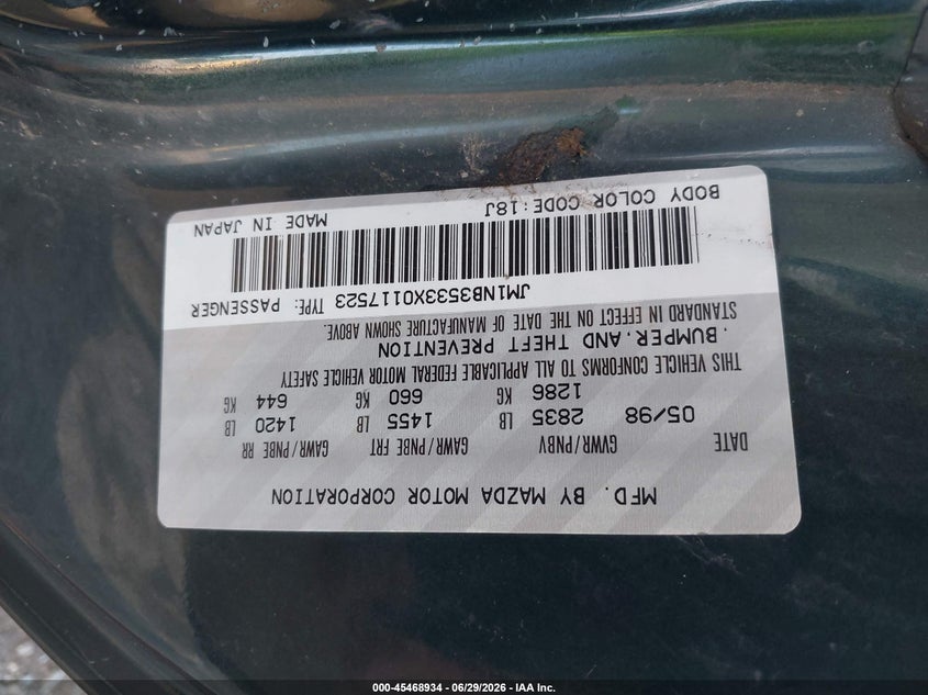 1999 Mazda Mx-5 Miata Leather Pkg/Popular Equipment Pkg/Sports Pkg/Touring Pkg VIN: JM1NB3533X0117523 Lot: 45468934