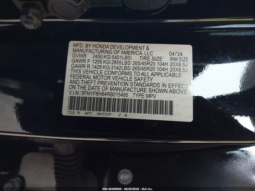 2024 Honda Passport Awd Black VIN: 5FNYF8H84RB015495 Lot: 45469068