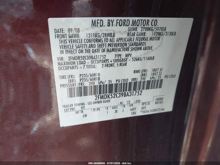 2009 Ford Flex Sel VIN: 2FMDK52C39BA31752 Lot: 45469069