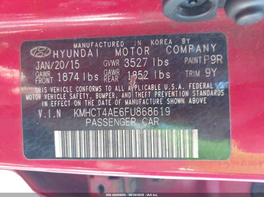 2015 Hyundai Accent Gls VIN: KMHCT4AE6FU868619 Lot: 45469080