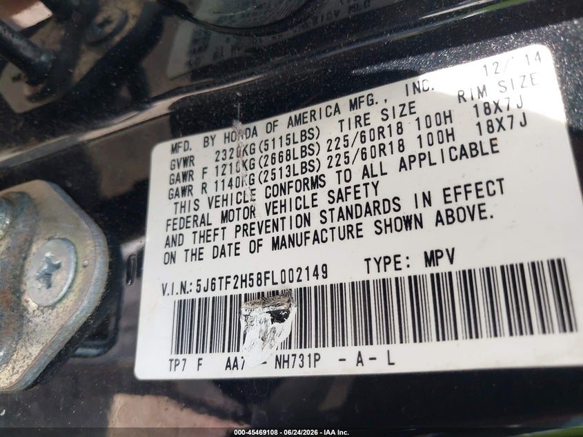 2015 Honda Crosstour Ex-L V6 VIN: 5J6TF2H58FL002149 Lot: 45469108