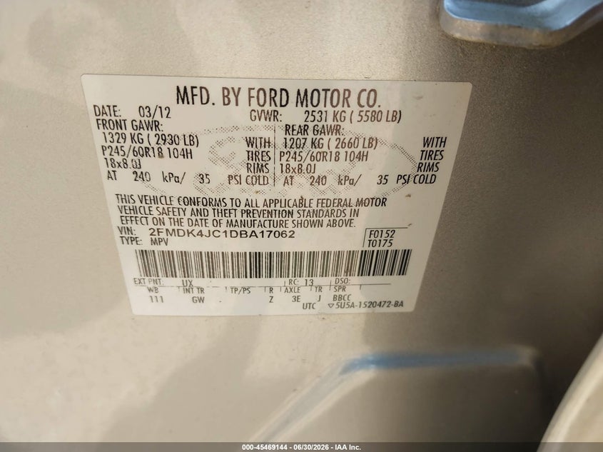 2013 Ford Edge Sel VIN: 2FMDK4JC1DBA17062 Lot: 45469144