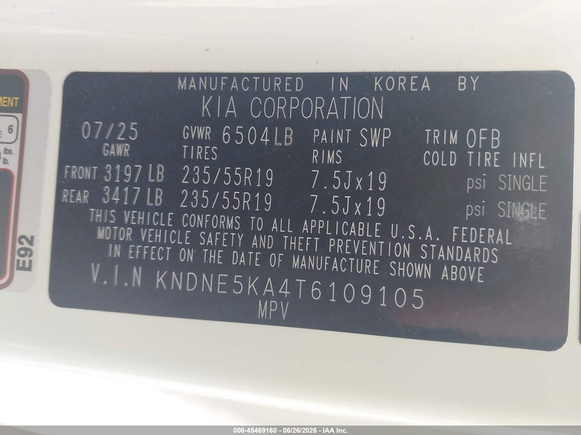 2026 Kia Carnival Mpv Hybrid Sx VIN: KNDNE5KA4T6109105 Lot: 45469160