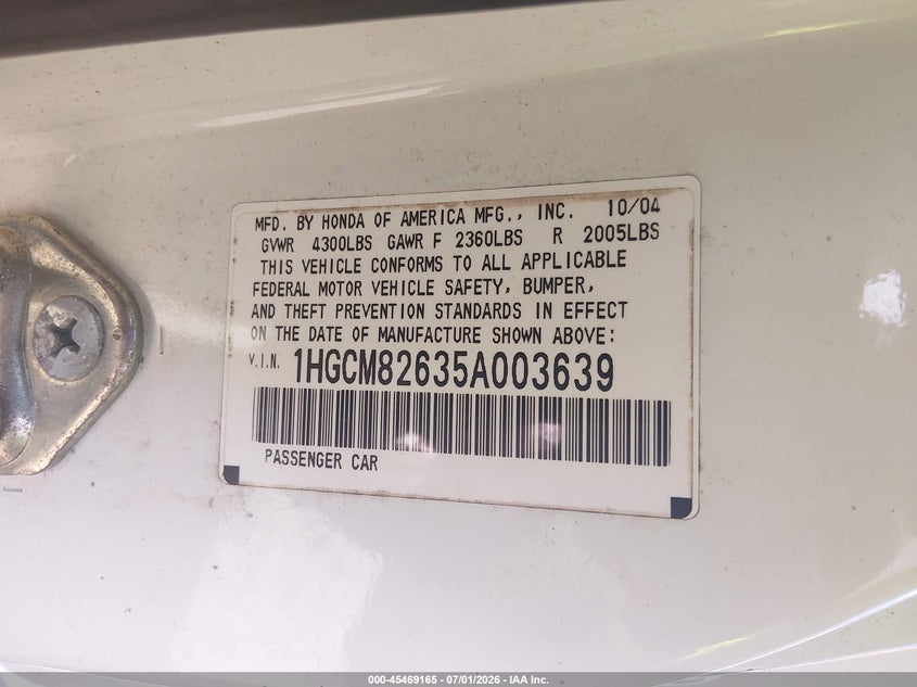 HONDA ACCORD 2005 VIN 1HGCM82635A003639