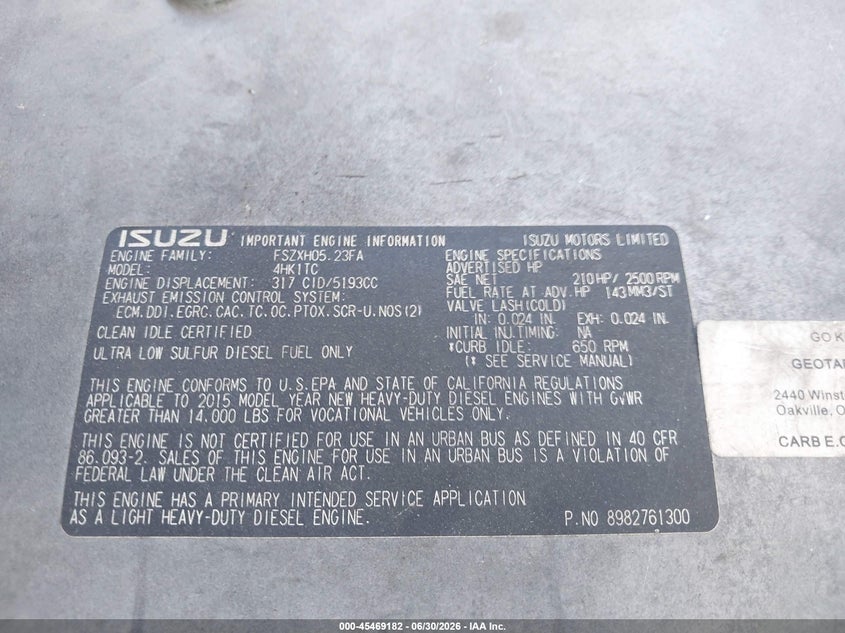 2016 Isuzu Dsl Reg At VIN: JALE5W163G7301357 Lot: 45469182