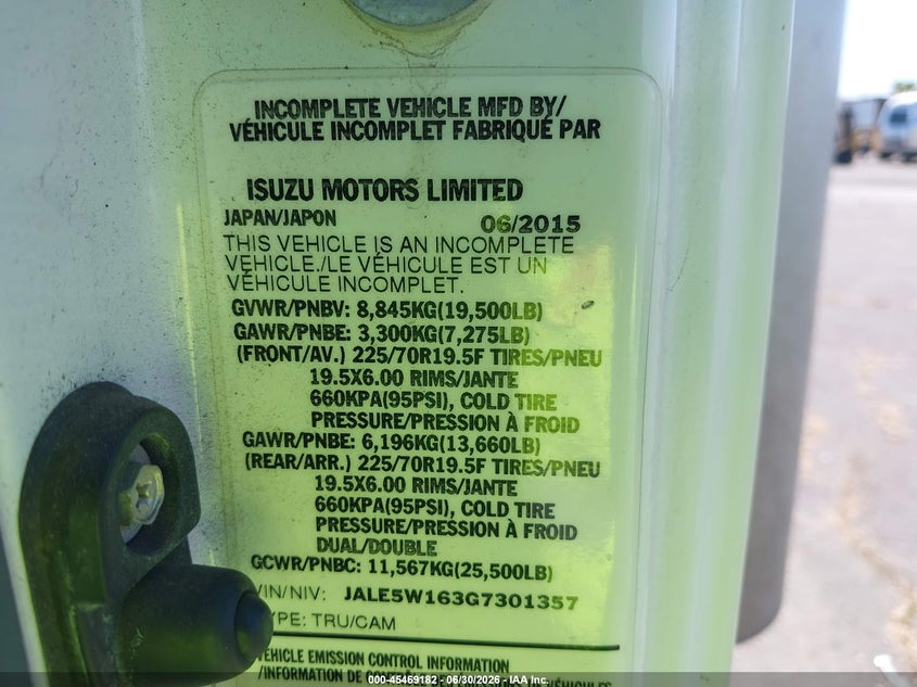 2016 Isuzu Dsl Reg At VIN: JALE5W163G7301357 Lot: 45469182