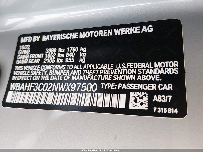 2022 BMW Z4 Sdrive30I VIN: WBAHF3C02NWX97500 Lot: 45469190