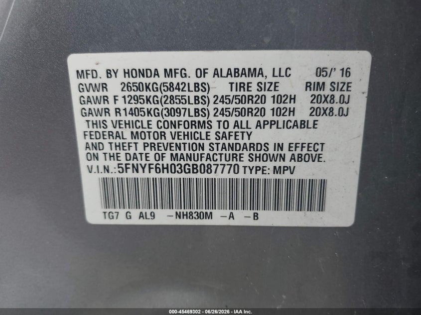 2016 HONDA PILOT SPORT UTILITY VEHICLE 3.5L V-6 DI, VVT, 280HP