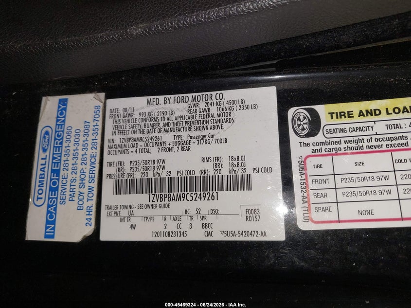 FORD MUSTANG 2012 VIN 1ZVBP8AM9C5249261