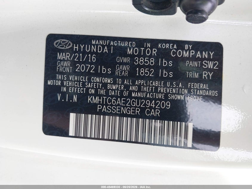 2016 Hyundai Veloster Turbo VIN: KMHTC6AE2GU294209 Lot: 45469330
