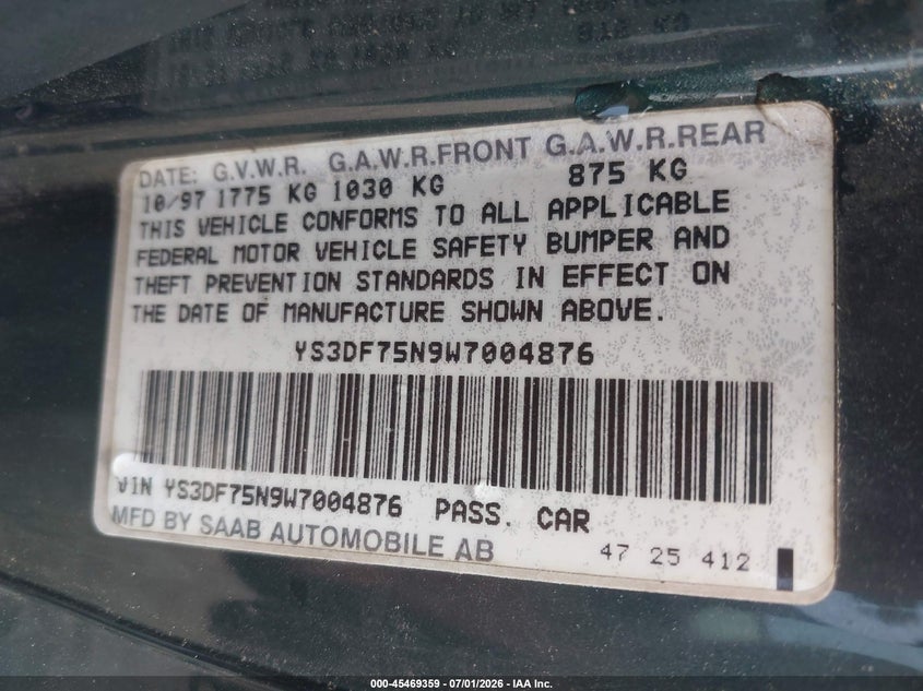 1998 Saab 900 Se VIN: YS3DF75N9W7004876 Lot: 45469359
