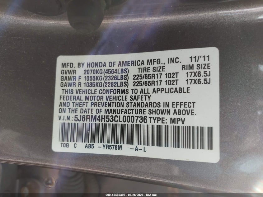 2012 HONDA CR-V SPORT UTILITY VEHICLE 2.4L I-4 DOHC, VVT, 185HP