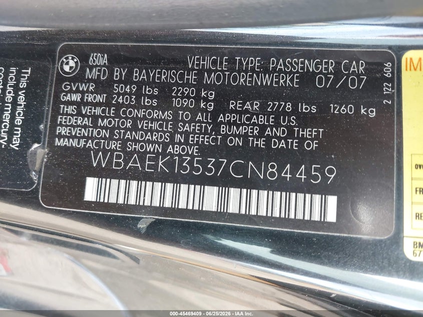 2007 BMW 650I VIN: WBAEK13537CN84459 Lot: 45469409