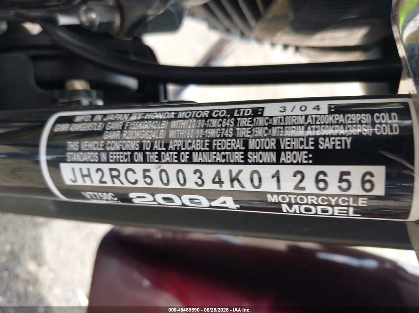 2004 Honda Vt750 C VIN: JH2RC50034K012656 Lot: 45469590