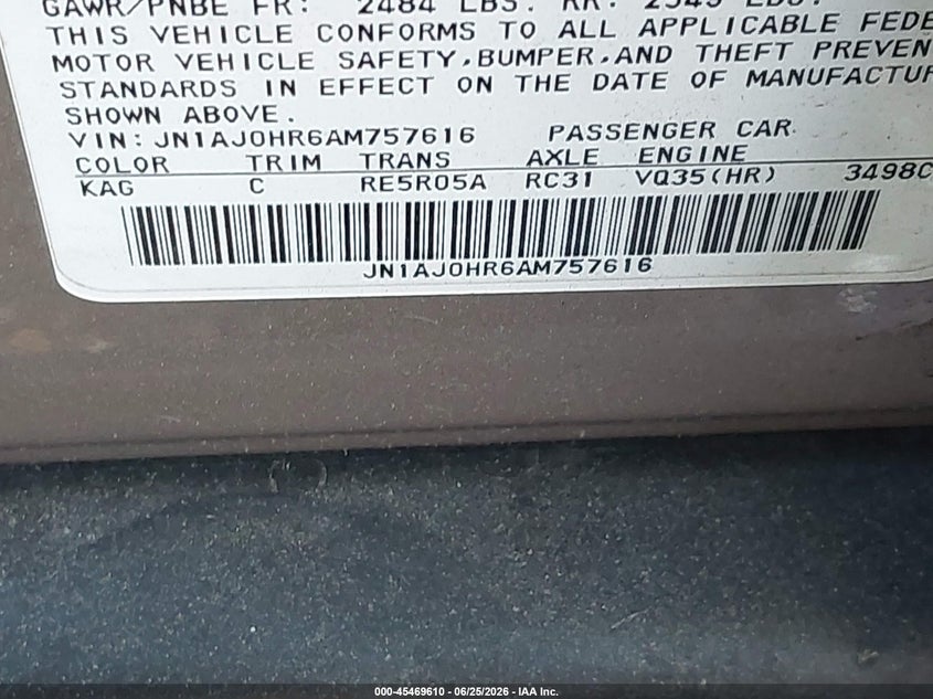 2010 Infiniti Ex35 Journey VIN: JN1AJ0HR6AM757616 Lot: 45469610