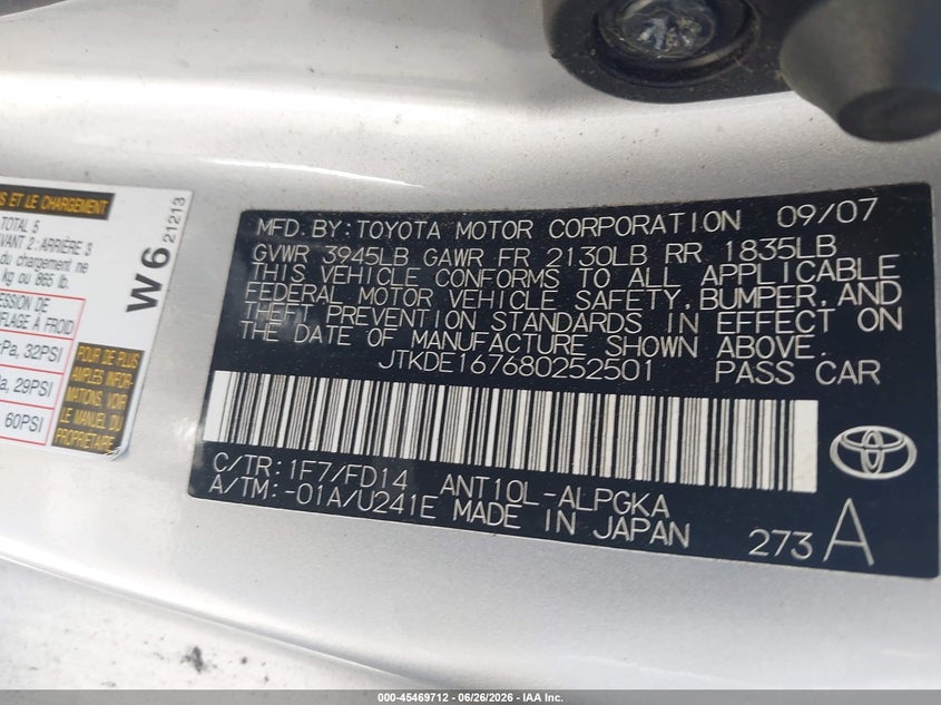 2008 Scion Tc VIN: JTKDE167680252501 Lot: 45469712