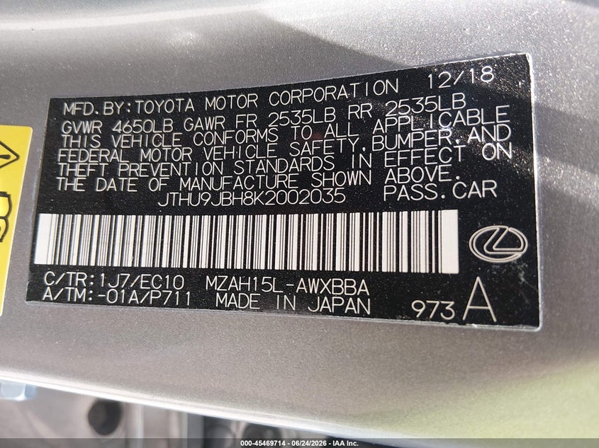 2019 Lexus Ux 250H VIN: JTHU9JBH8K2002035 Lot: 45469714